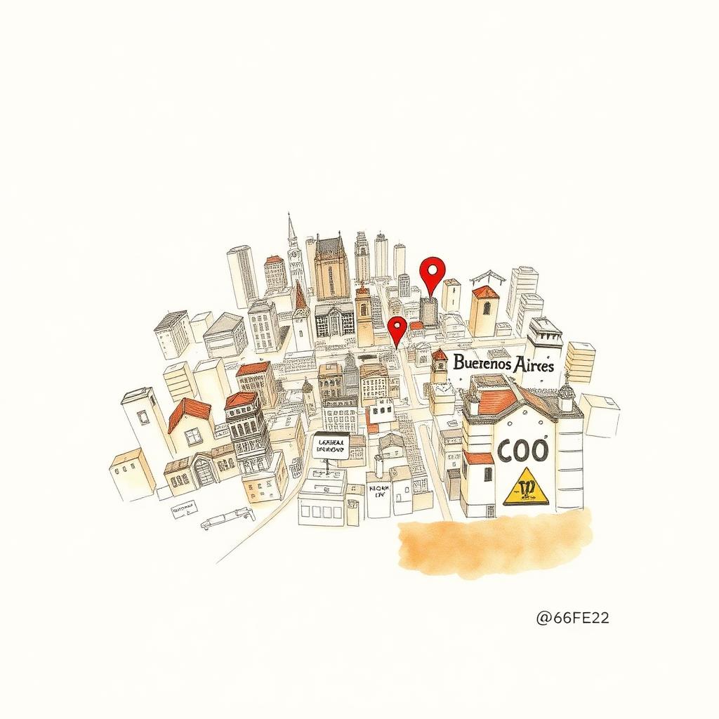 Ilustración acuarela de un mapa de Buenos Aires para encontrar un albañil cercano