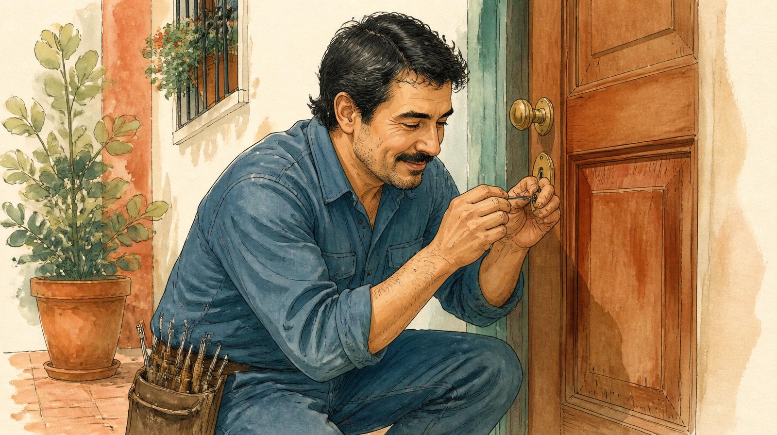 Ilustración acuarela de un cerrajero abriendo una puerta