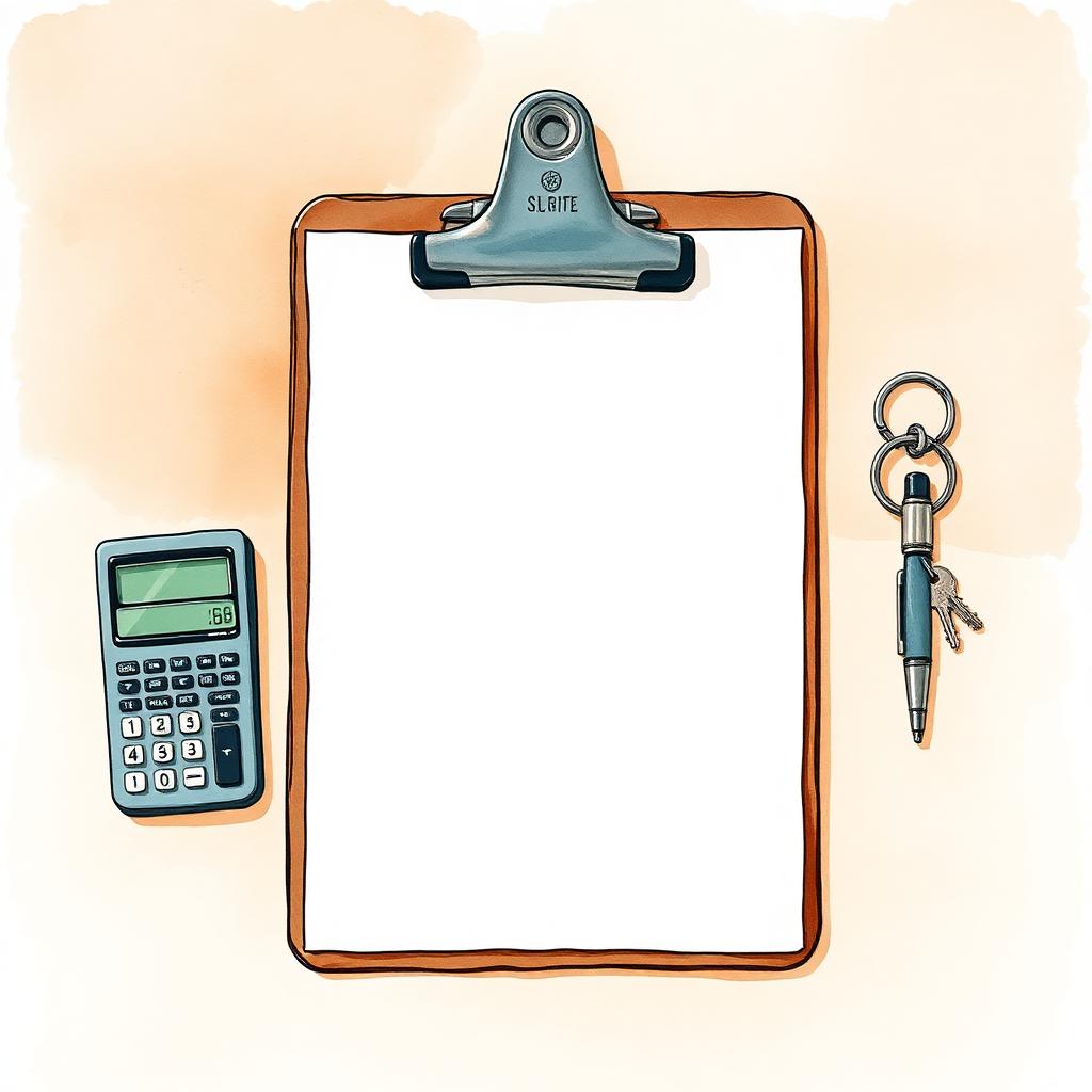 Ilustración acuarela de un presupuesto escrito en un tablero con calculadora y llaves