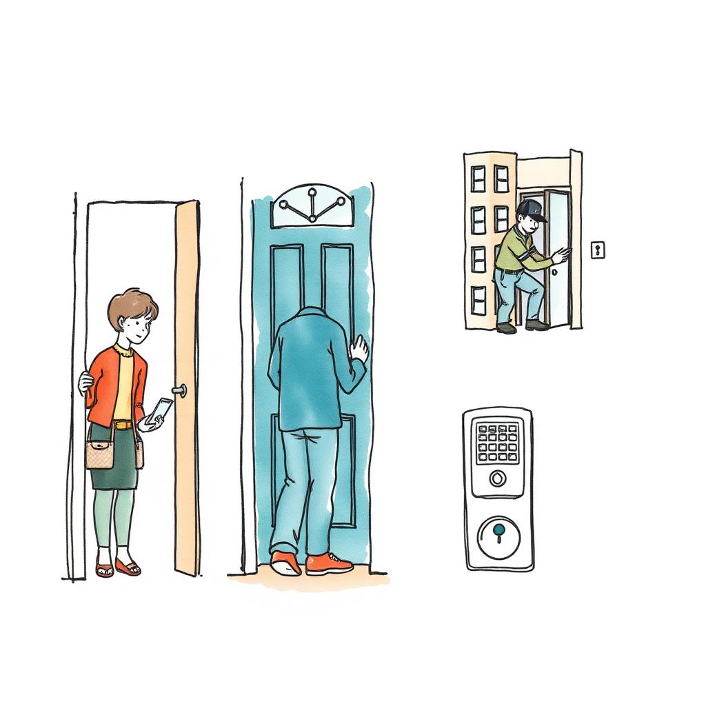 Ilustración acuarela de escenarios de cerrajería: apertura, cambio de cerradura y cerradura inteligente