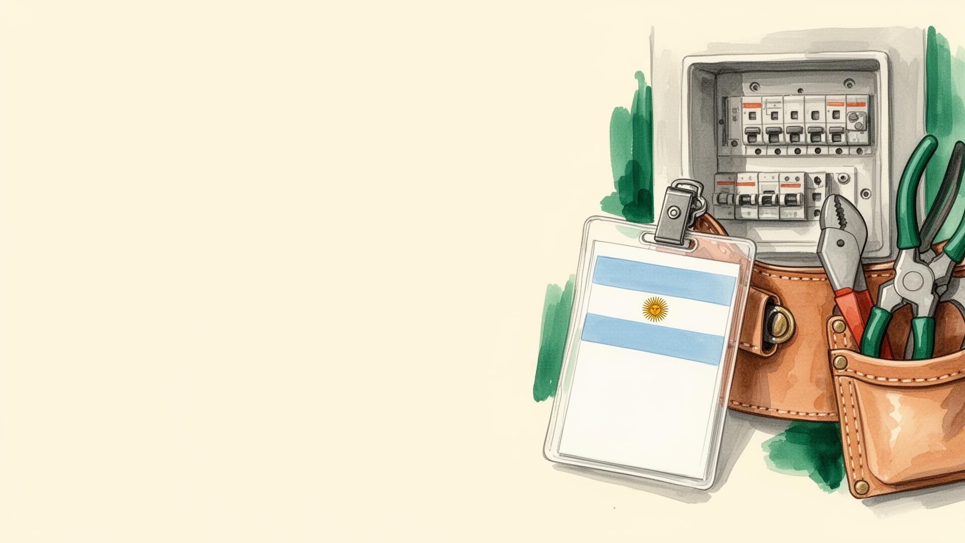 Ilustración acuarela de credencial de electricista matriculado junto a un tablero