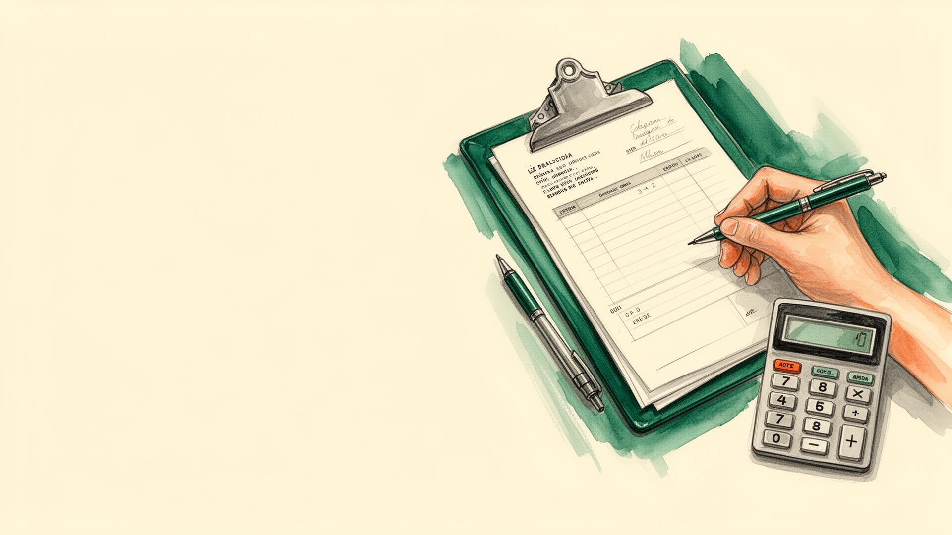 Ilustración acuarela de presupuesto escrito en un tablero con calculadora