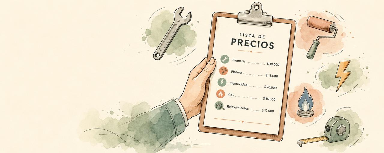 Ilustración acuarela de un grupo de oficios argentinos con etiquetas de precio