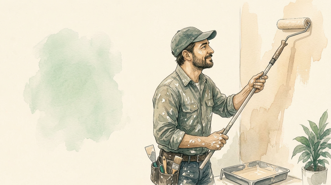 Ilustración acuarela de una pintora trabajando con rodillo