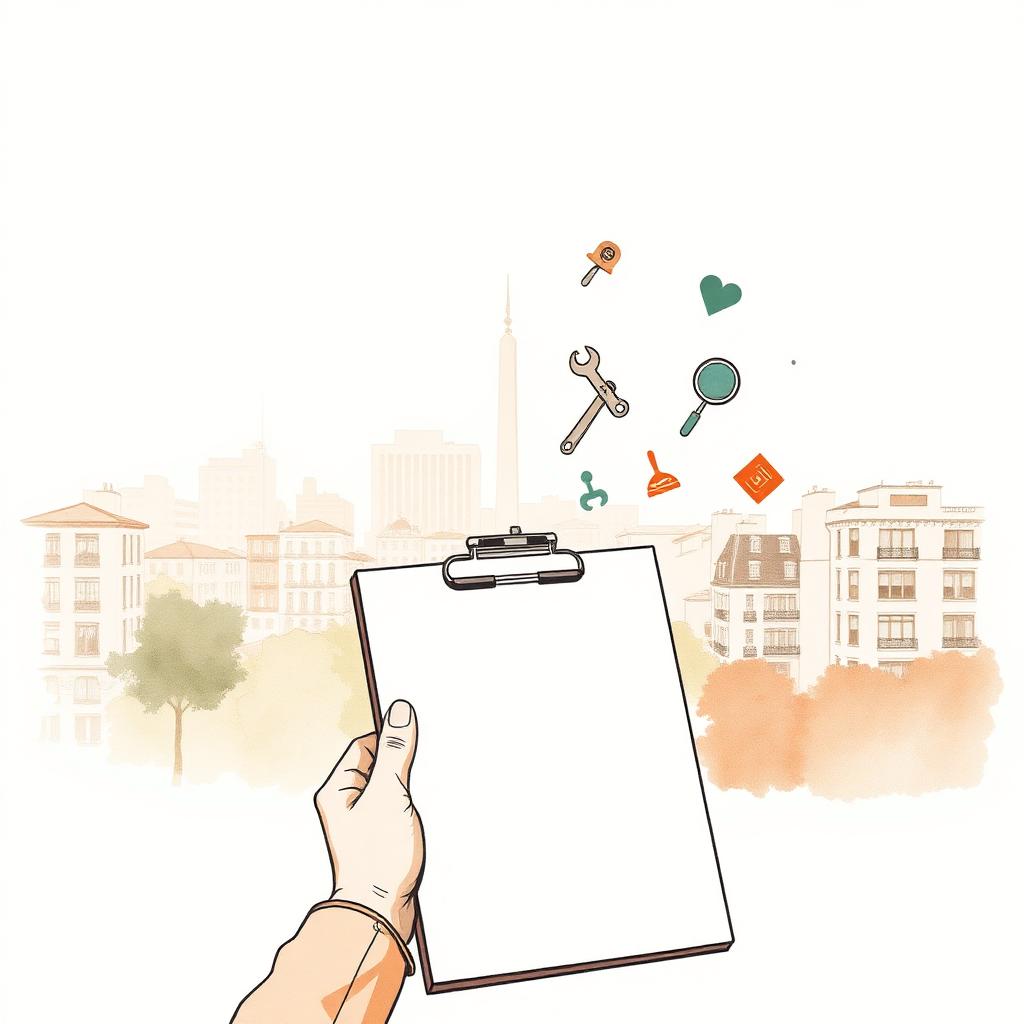Ilustración acuarela de la Ciudad de Buenos Aires con un clipboard y herramientas de oficios
