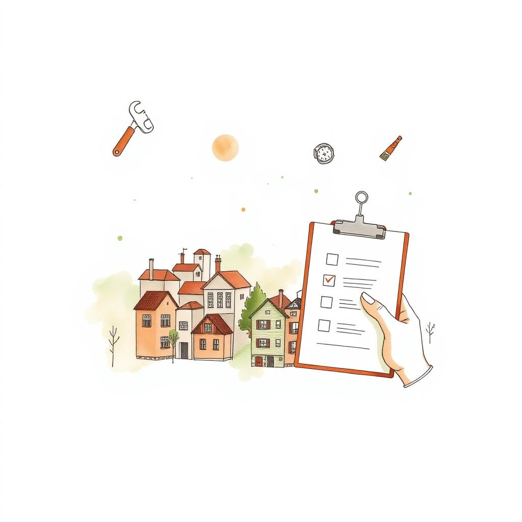 Ilustración acuarela de un barrio con una lista de verificación de servicios para el hogar