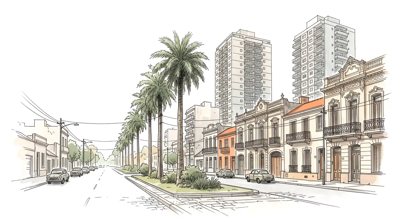 Ilustración acuarela de una calle de Rosario