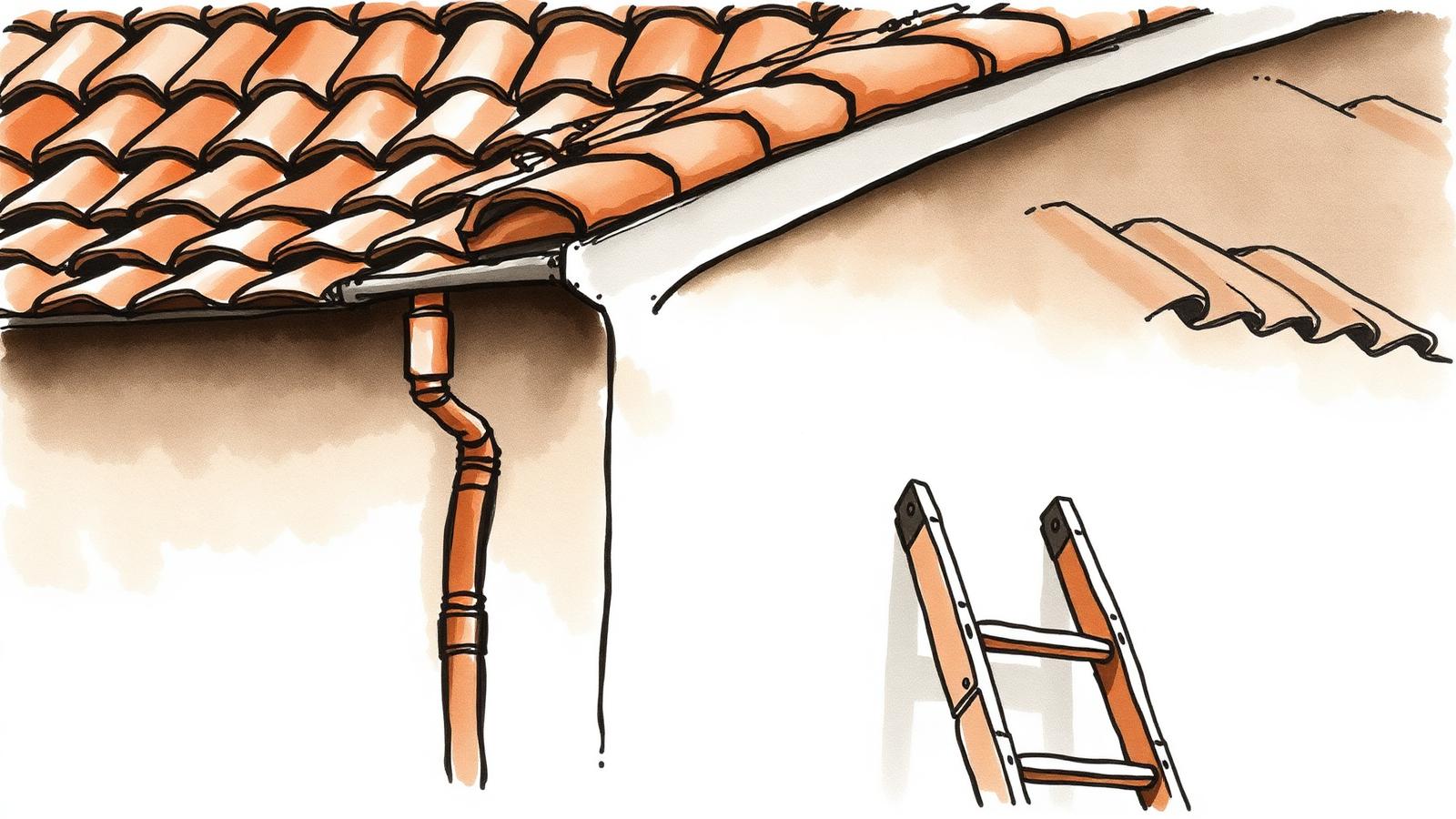 Ilustración de un techo de tejas con su canaleta y una escalera apoyada en la pared