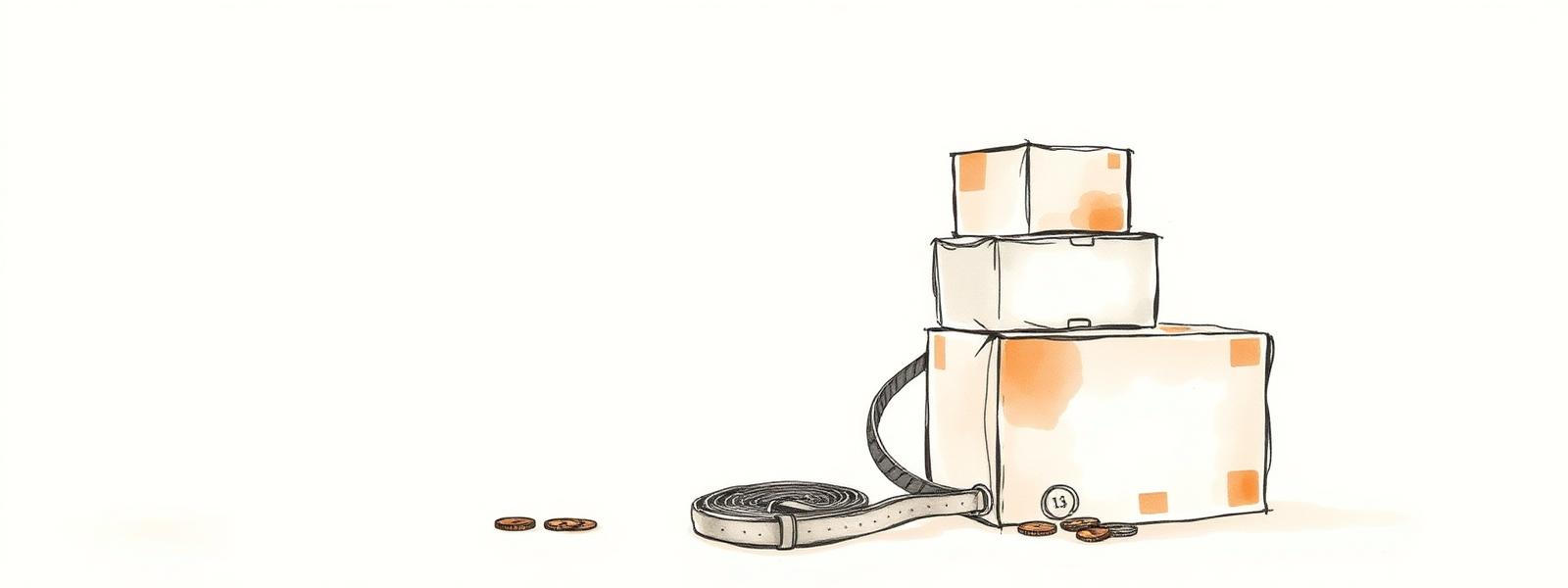 Ilustración de cajas de mudanza apiladas con una correa de carga y monedas