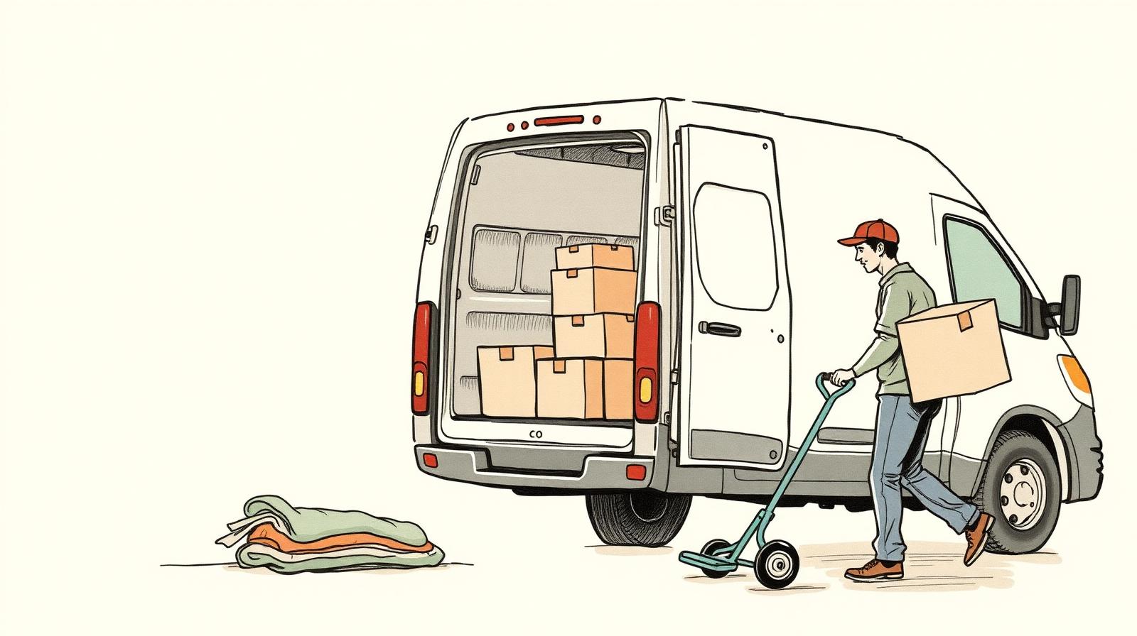 Ilustración de un fletero cargando cajas en su camioneta con una zorra
