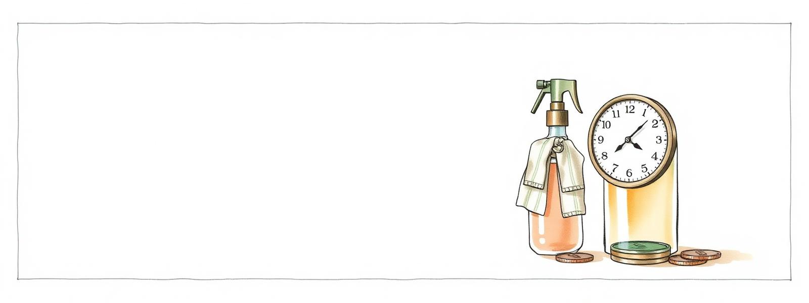 Ilustración de un reloj, monedas y un rociador con un paño de limpieza