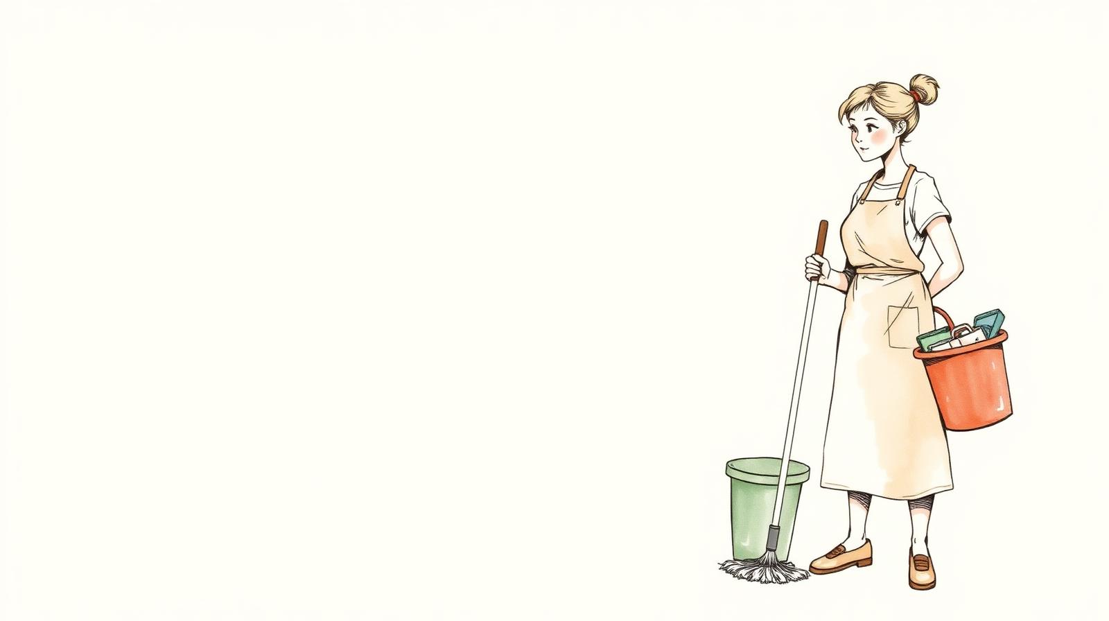 Ilustración de una profesional de limpieza caminando con su balde y mopa