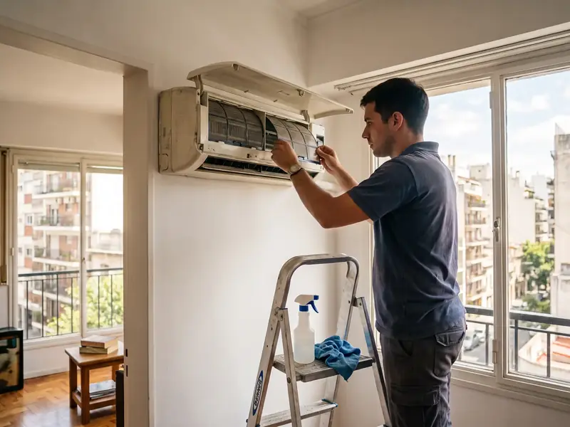 Técnico limpiando los filtros de un aire acondicionado split